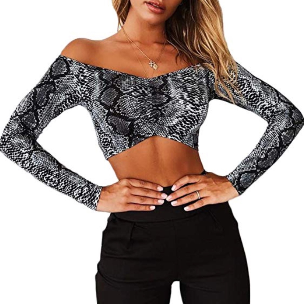 Women's Black Snakeskin Off Shoulder Crop Top